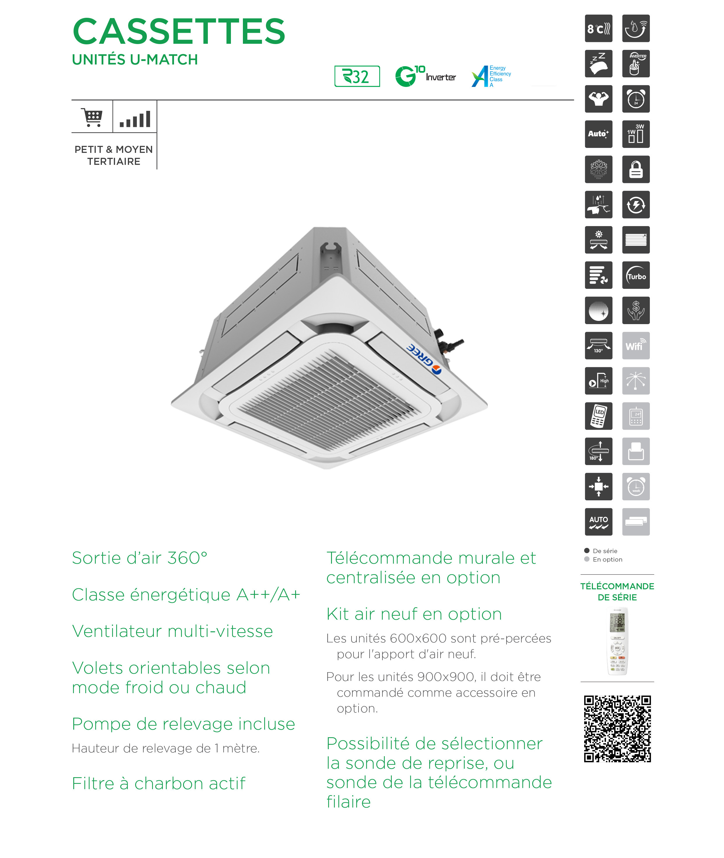 Climatiseur cassette GREE monophasé GUD50T/A-T / GUD50W/NhA-T